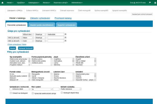 Ukázka rozhraní pro pokročilé vyhledávání ve služebním klientovi při využití rozhraní Jáchymky